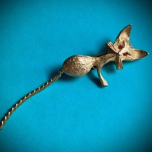 Vintage Cat Brooch Pin with Rhinestone Eyes and Unique Moveable Tail Gold Tone